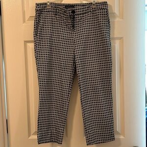 Capri Pants with a Blue/White/Black Pattern